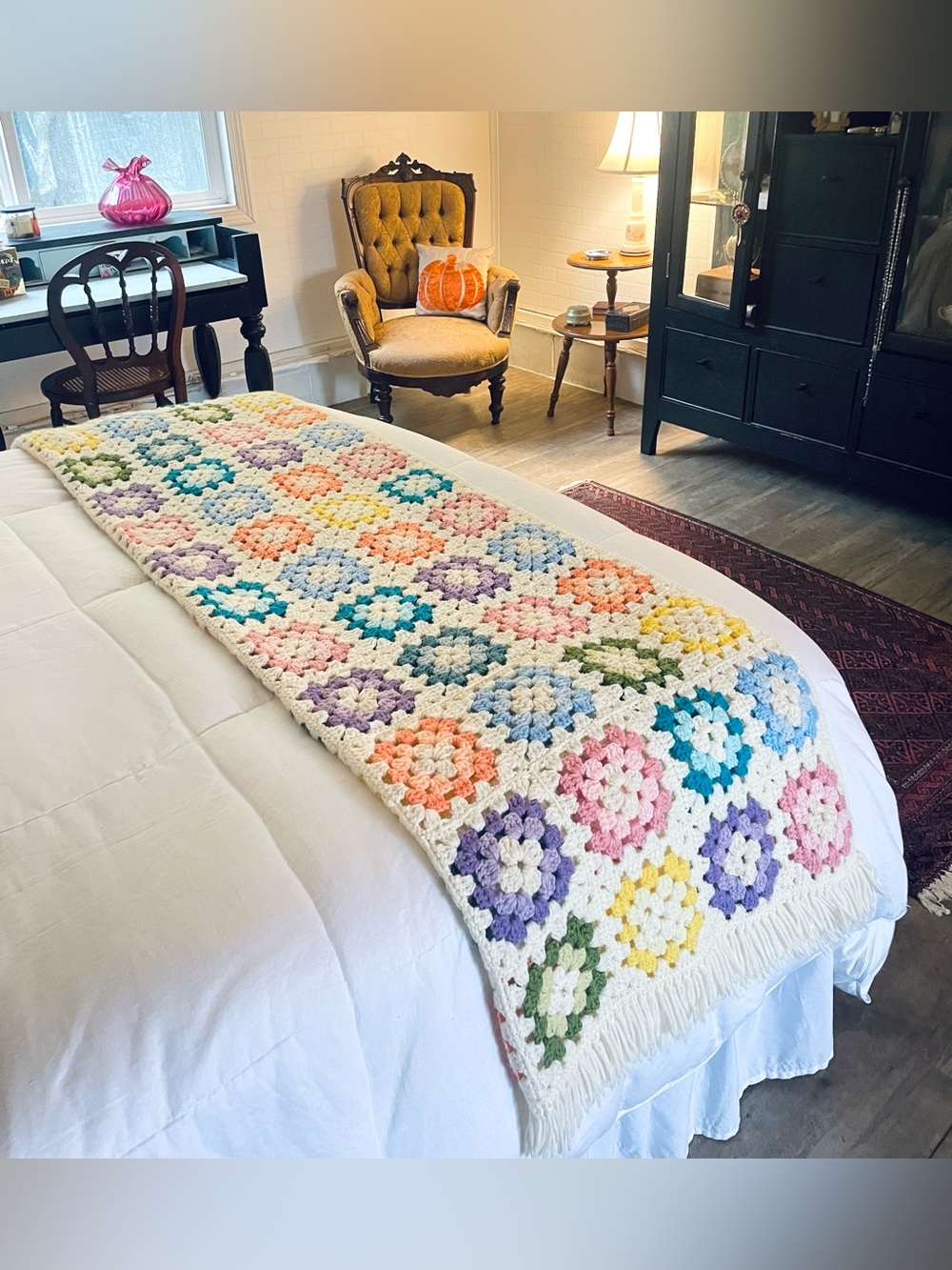 Vintage Handmade Crochet Granny Square Throw Blanket Pastels Fringed 40x78